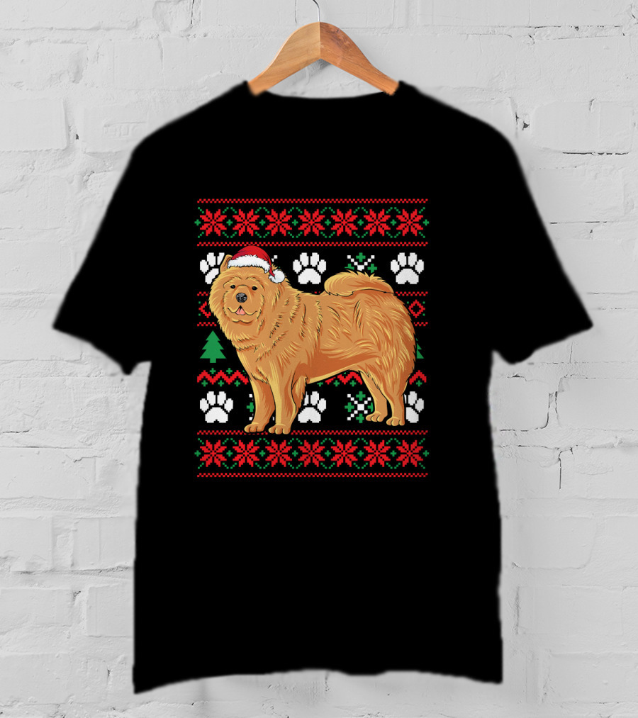 Chow Chow Ugly Christmas Sweater With Santa Hat And Paw Prints T-Shirt