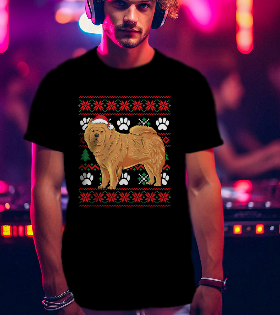 Chow Chow Ugly Christmas Sweater With Santa Hat And Paw Prints T-Shirt