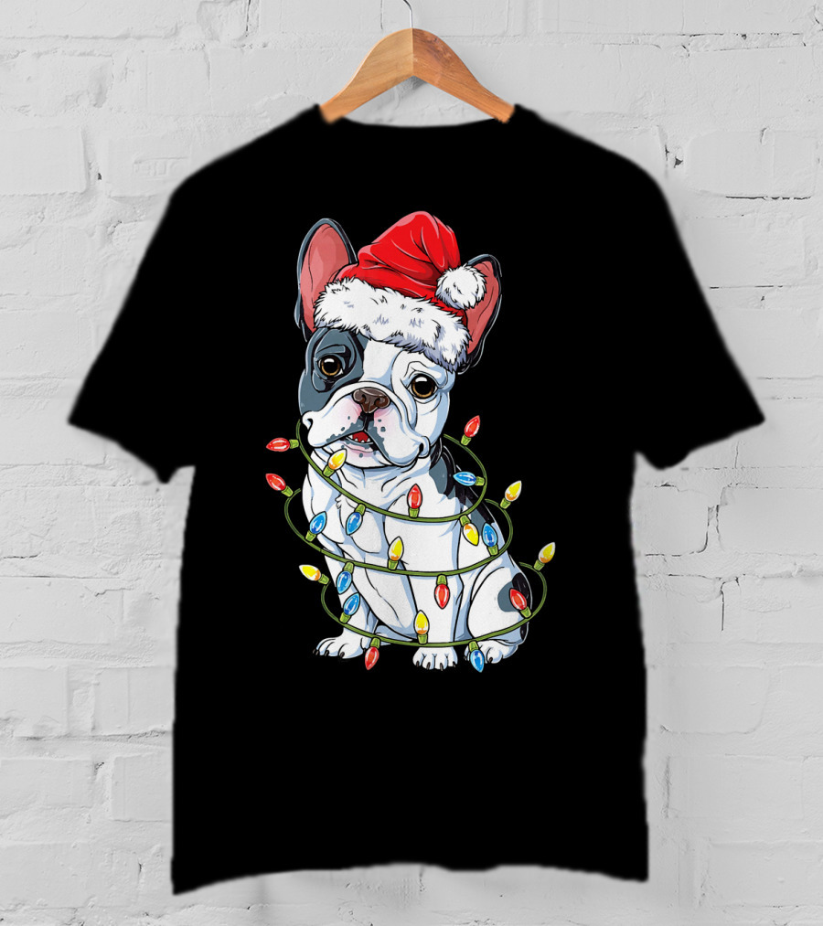 French Bulldog Christmas Santa Hat Festive Lights T-Shirt