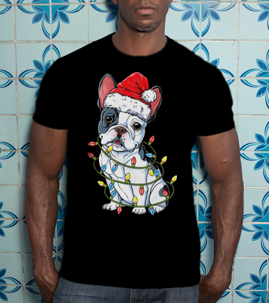 French Bulldog Christmas Santa Hat Festive Lights T-Shirt