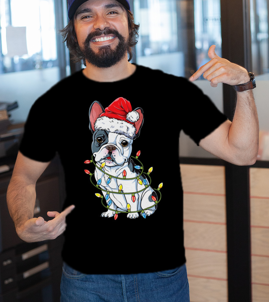French Bulldog Christmas Santa Hat Festive Lights T-Shirt