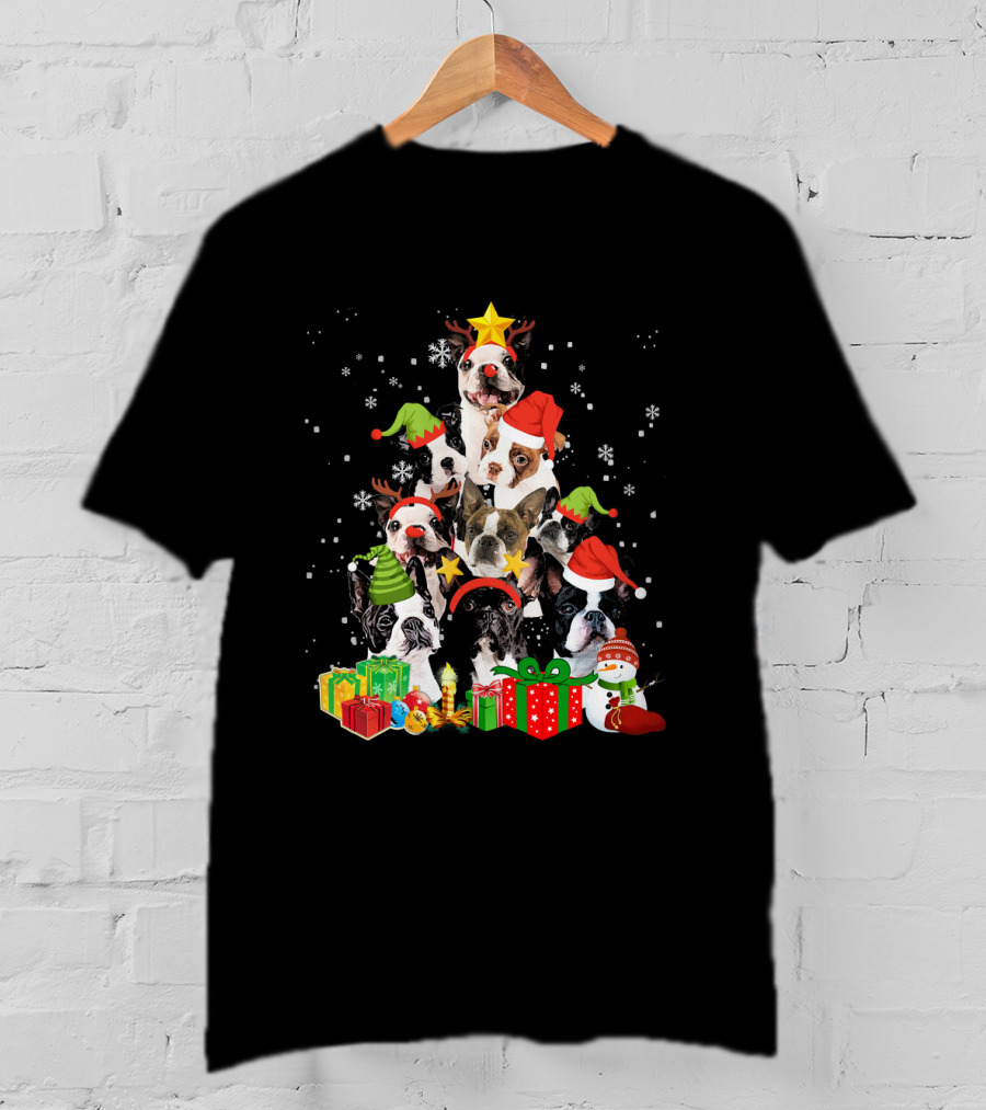 Boston Terrier Christmas Tree With Snowflakes And Gifts T-Shirt