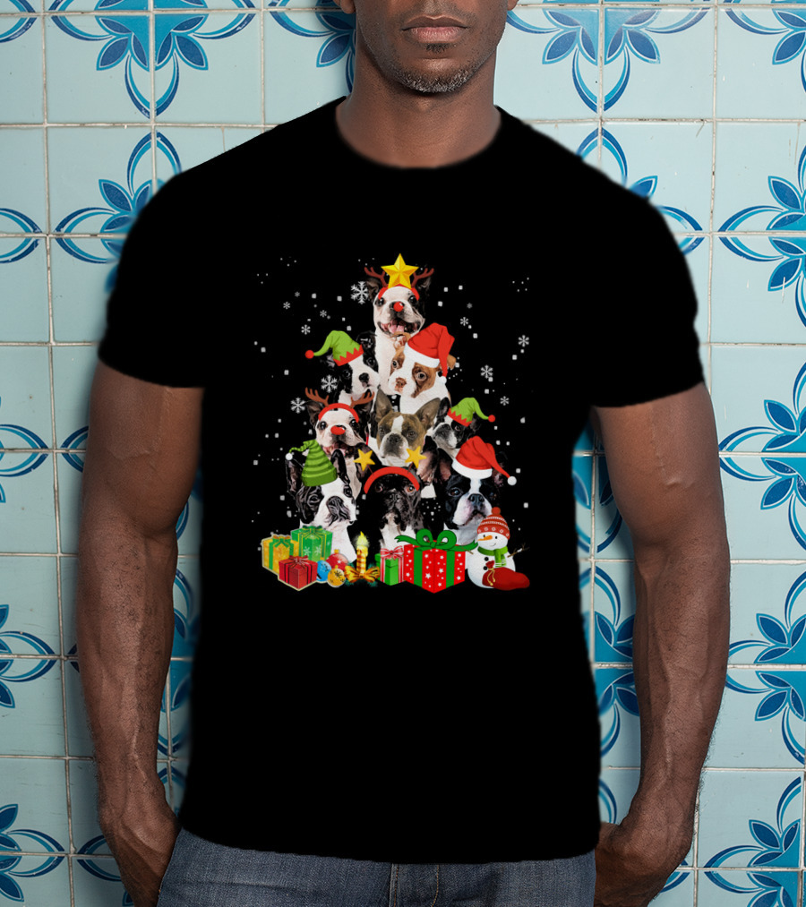 Boston Terrier Christmas Tree With Snowflakes And Gifts T-Shirt