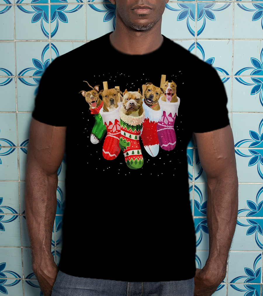 Pit Bull Dogs In Festive Christmas Stockings T-Shirt