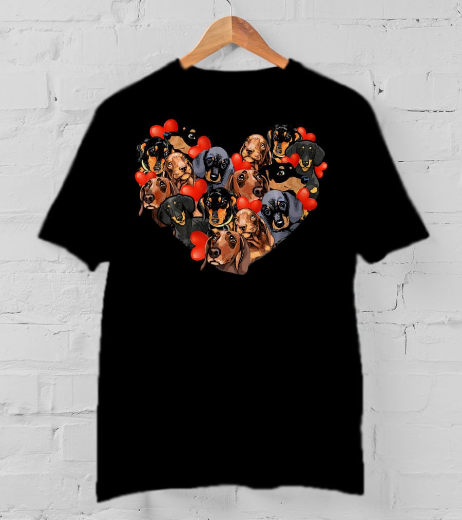 Cute Dachshund Heart Valentine Filled With Dachshunds And Hearts T-Shirt