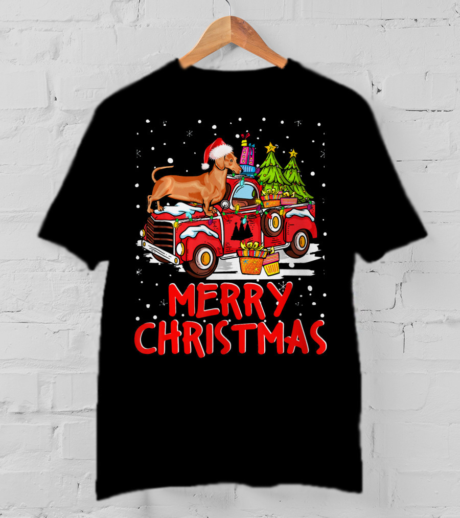 Merry Christmas Dachshund Santa Hat Red Truck With Gifts And Trees T-Shirt