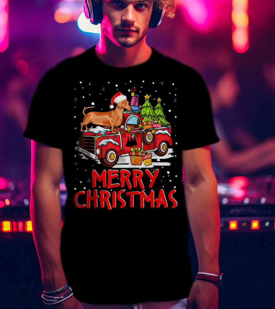 Merry Christmas Dachshund Santa Hat Red Truck With Gifts And Trees T-Shirt