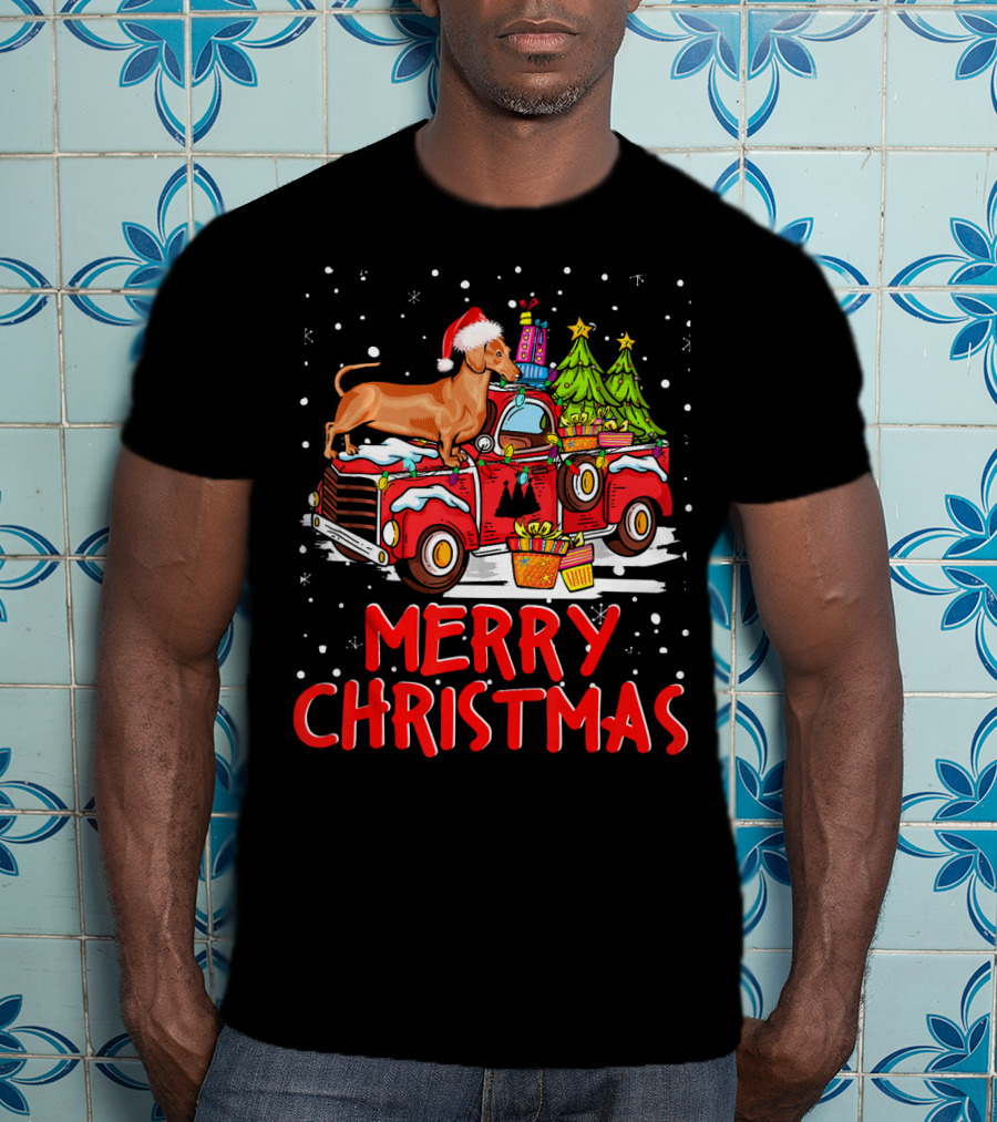 Merry Christmas Dachshund Santa Hat Red Truck With Gifts And Trees T-Shirt