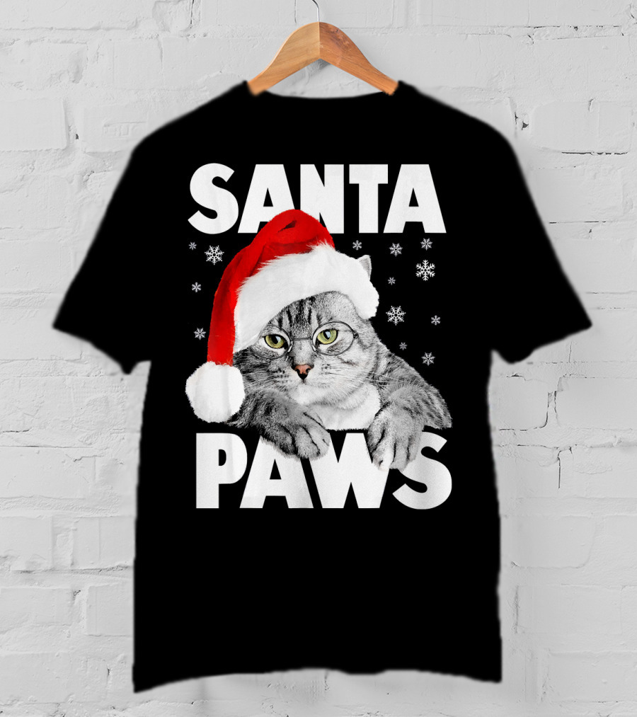 Santa Paws Christmas Kitty Cat Funny Graphic Snowflakes Hat T-Shirt