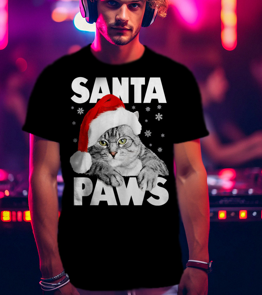 Santa Paws Christmas Kitty Cat Funny Graphic Snowflakes Hat T-Shirt