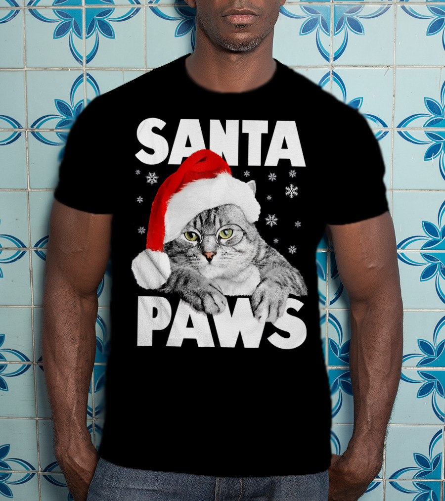 Santa Paws Christmas Kitty Cat Funny Graphic Snowflakes Hat T-Shirt