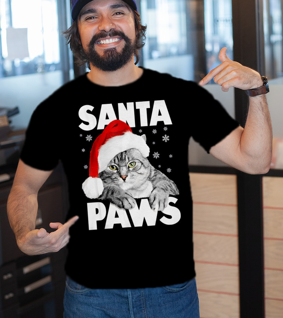 Santa Paws Christmas Kitty Cat Funny Graphic Snowflakes Hat T-Shirt