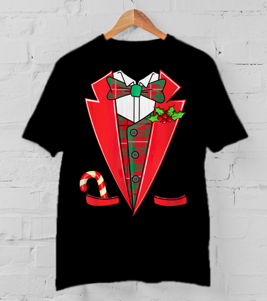 Tuxedo Christmas Fancy Xmas Co Red Plaid Bowtie Candy Cane Holiday Jacket T-Shirt