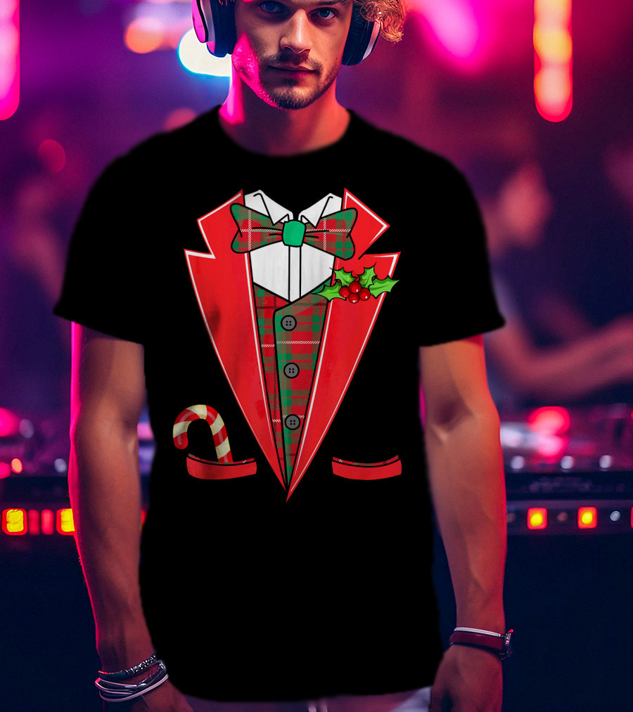 Tuxedo Christmas Fancy Xmas Co Red Plaid Bowtie Candy Cane Holiday Jacket T-Shirt