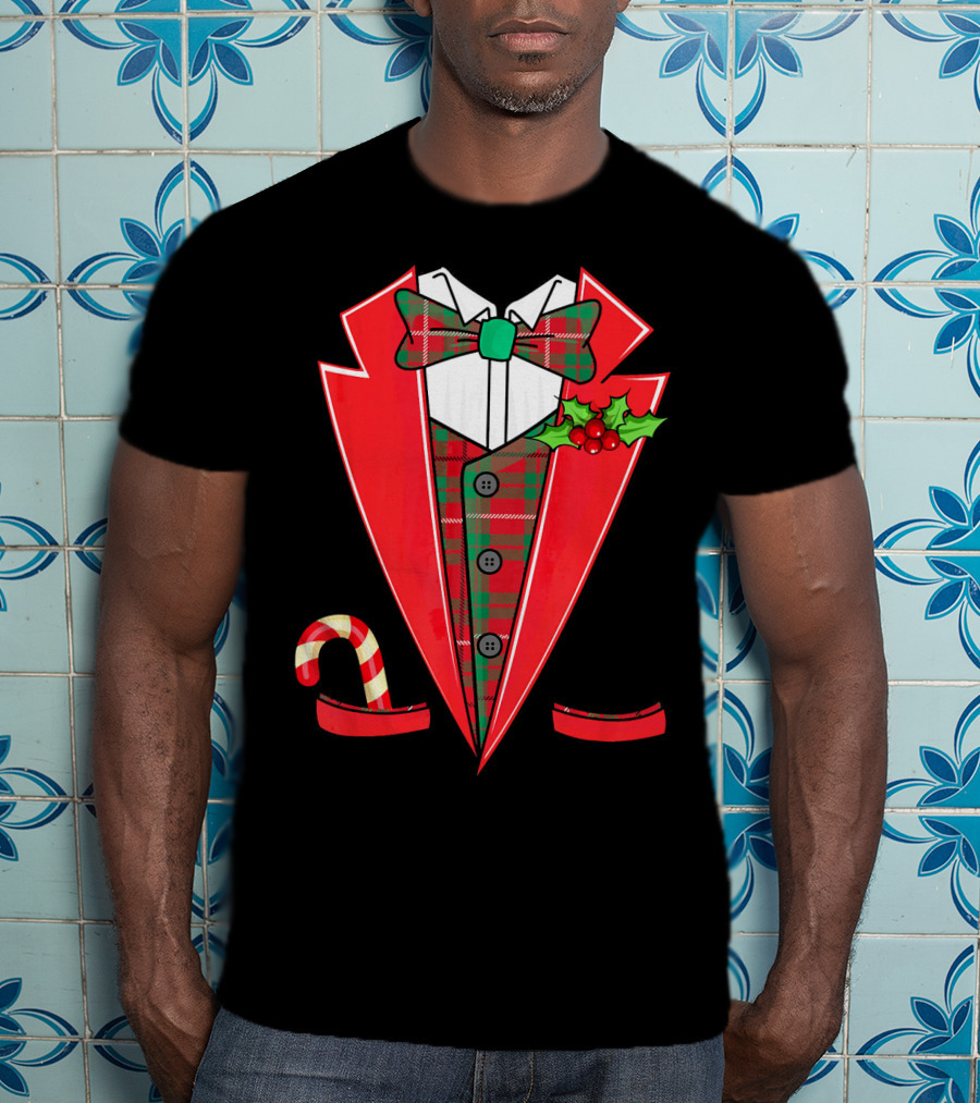 Tuxedo Christmas Fancy Xmas Co Red Plaid Bowtie Candy Cane Holiday Jacket T-Shirt