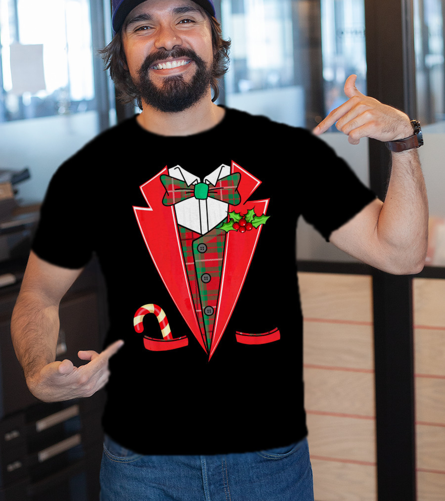 Tuxedo Christmas Fancy Xmas Co Red Plaid Bowtie Candy Cane Holiday Jacket T-Shirt