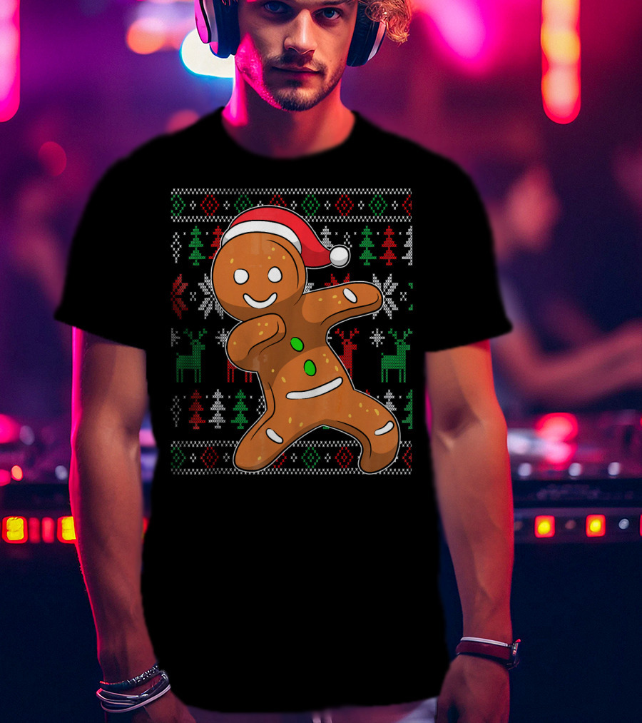 Ugly Christmas Sweater Dabbing Gingerbread Man Santa Hat Holiday T-Shirt
