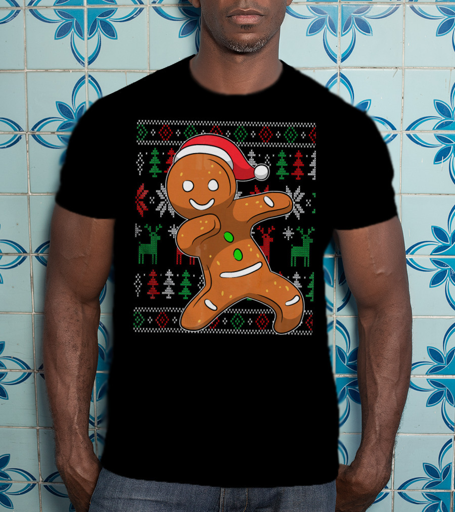 Ugly Christmas Sweater Dabbing Gingerbread Man Santa Hat Holiday T-Shirt