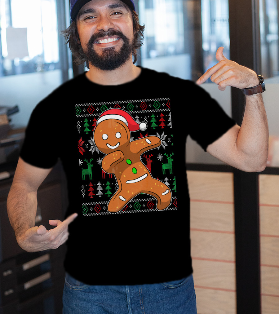 Ugly Christmas Sweater Dabbing Gingerbread Man Santa Hat Holiday T-Shirt