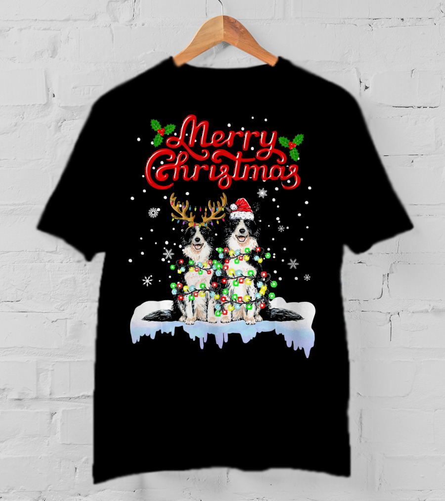 Merry Christmas Border Collie Christmas Lights Funny Dog Santa Reindeer T-Shirt