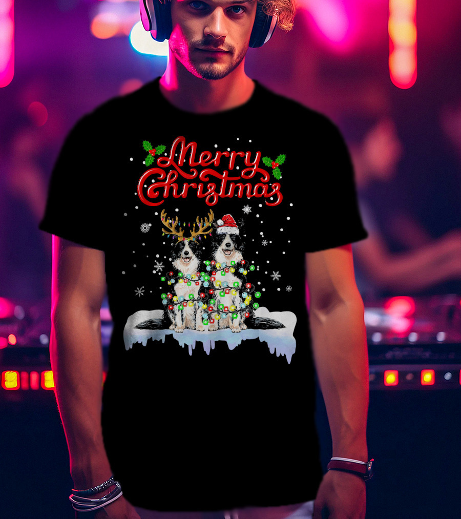 Merry Christmas Border Collie Christmas Lights Funny Dog Santa Reindeer T-Shirt