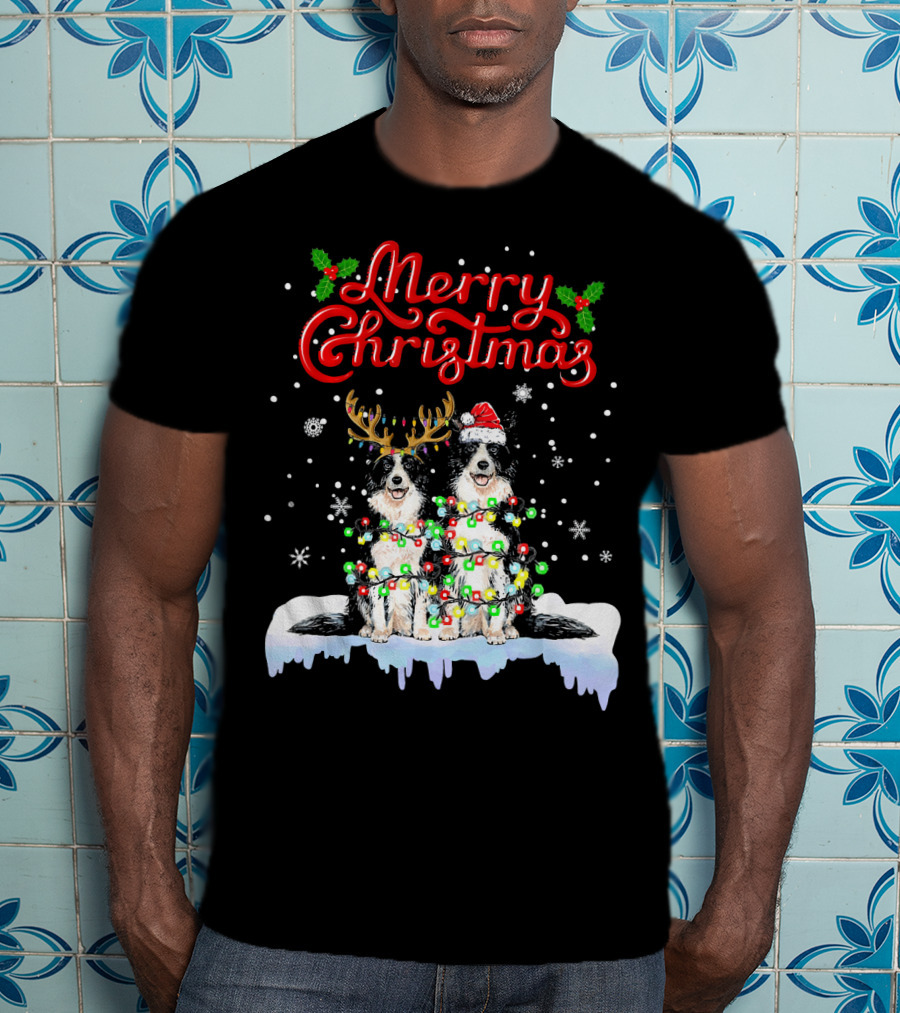 Merry Christmas Border Collie Christmas Lights Funny Dog Santa Reindeer T-Shirt