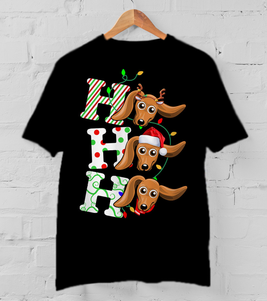 Dachshund Ho Ho Ho Reindeer Antlers Santa Hat Christmas Lights T-Shirt