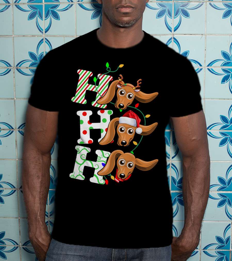 Dachshund Ho Ho Ho Reindeer Antlers Santa Hat Christmas Lights T-Shirt