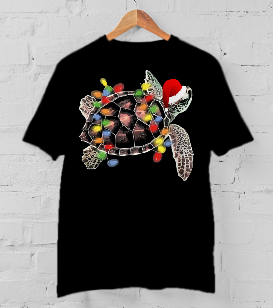 Sea Turtle With Christmas Lights In Santa Hat Merry Chris T-Shirt