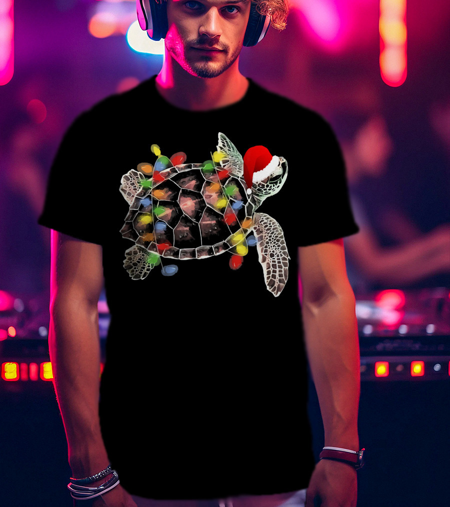 Sea Turtle With Christmas Lights In Santa Hat Merry Chris T-Shirt