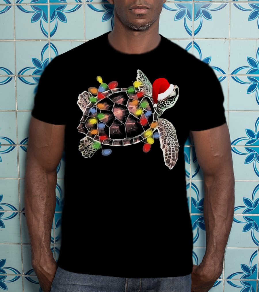 Sea Turtle With Christmas Lights In Santa Hat Merry Chris T-Shirt