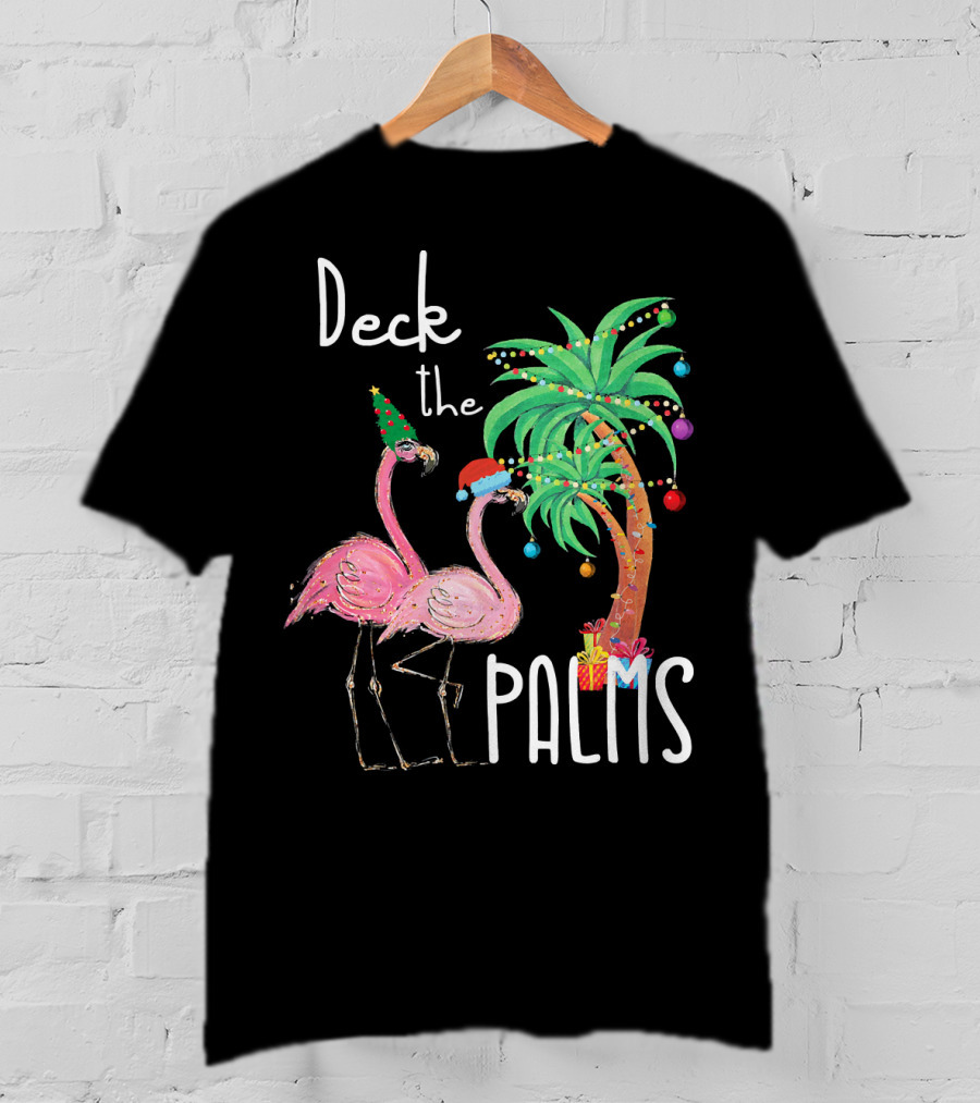 Deck The Palms Christmas Flamingo Family Tropical Holiday Scene T-Shirt