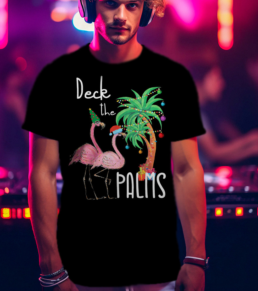 Deck The Palms Christmas Flamingo Family Tropical Holiday Scene T-Shirt