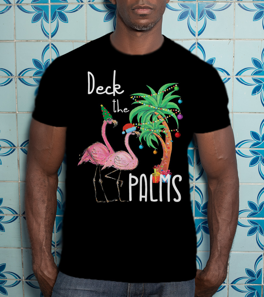 Deck The Palms Christmas Flamingo Family Tropical Holiday Scene T-Shirt