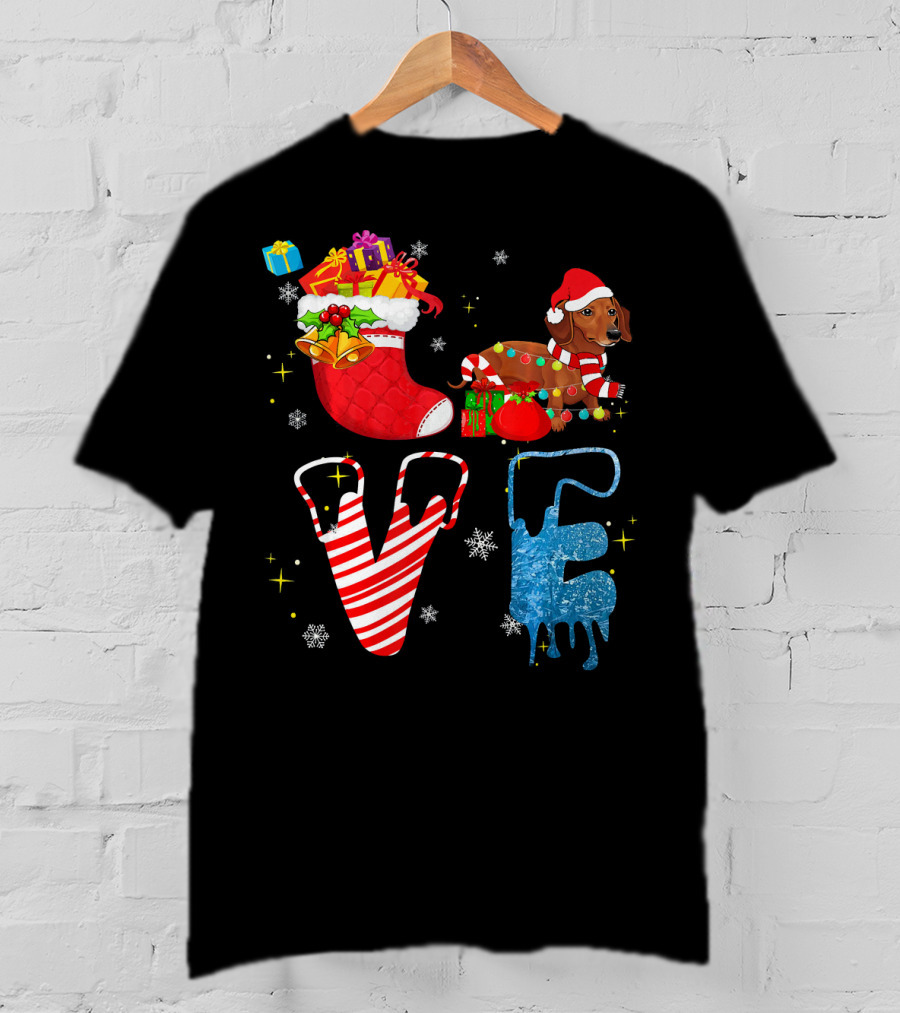 Dachshund Forever Love Merry Christmas Stocking Candy Cane Snowflakes T-Shirt