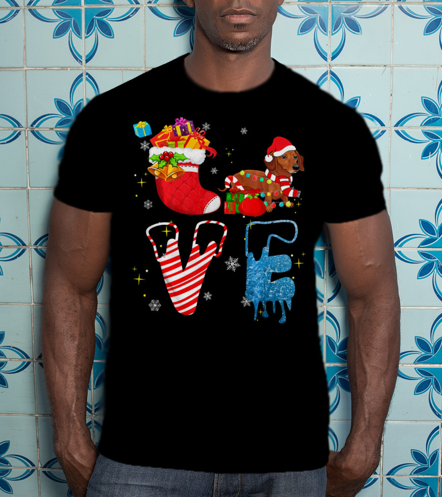 Dachshund Forever Love Merry Christmas Stocking Candy Cane Snowflakes T-Shirt