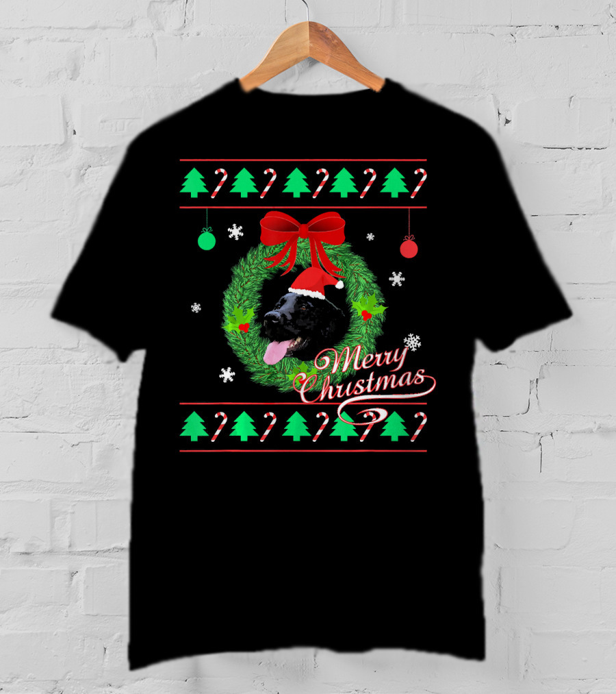 Merry Christmas Black Lab Puppy In Santa Hat With Wreath And Candy Canes T-Shirt