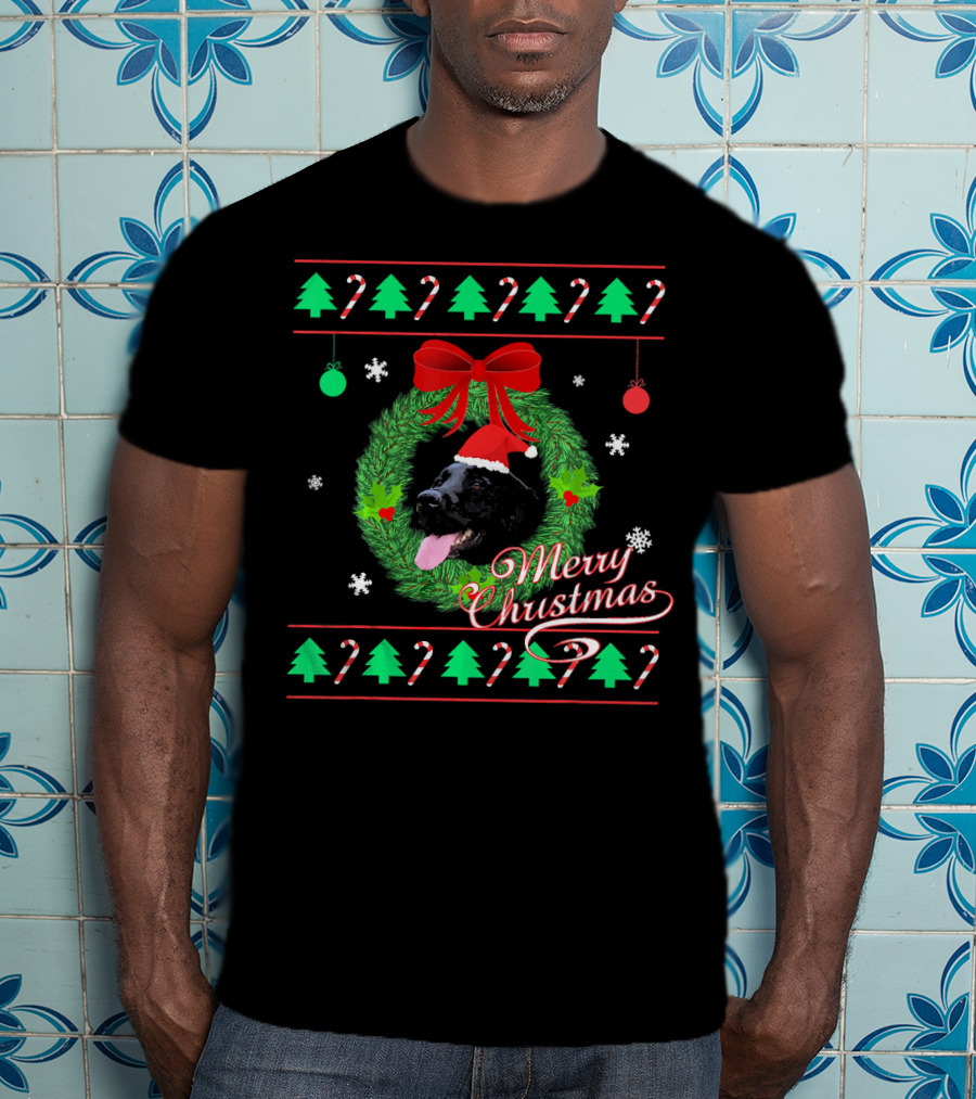 Merry Christmas Black Lab Puppy In Santa Hat With Wreath And Candy Canes T-Shirt