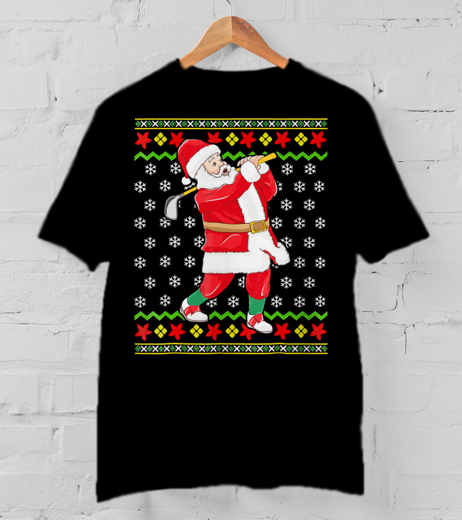 Ugly Christmas Santa Playing Golf Snowflakes T-Shirt