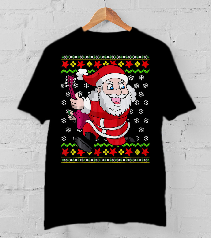 Ugly Christmas Santa Playing Guitar Festive T-Shirt