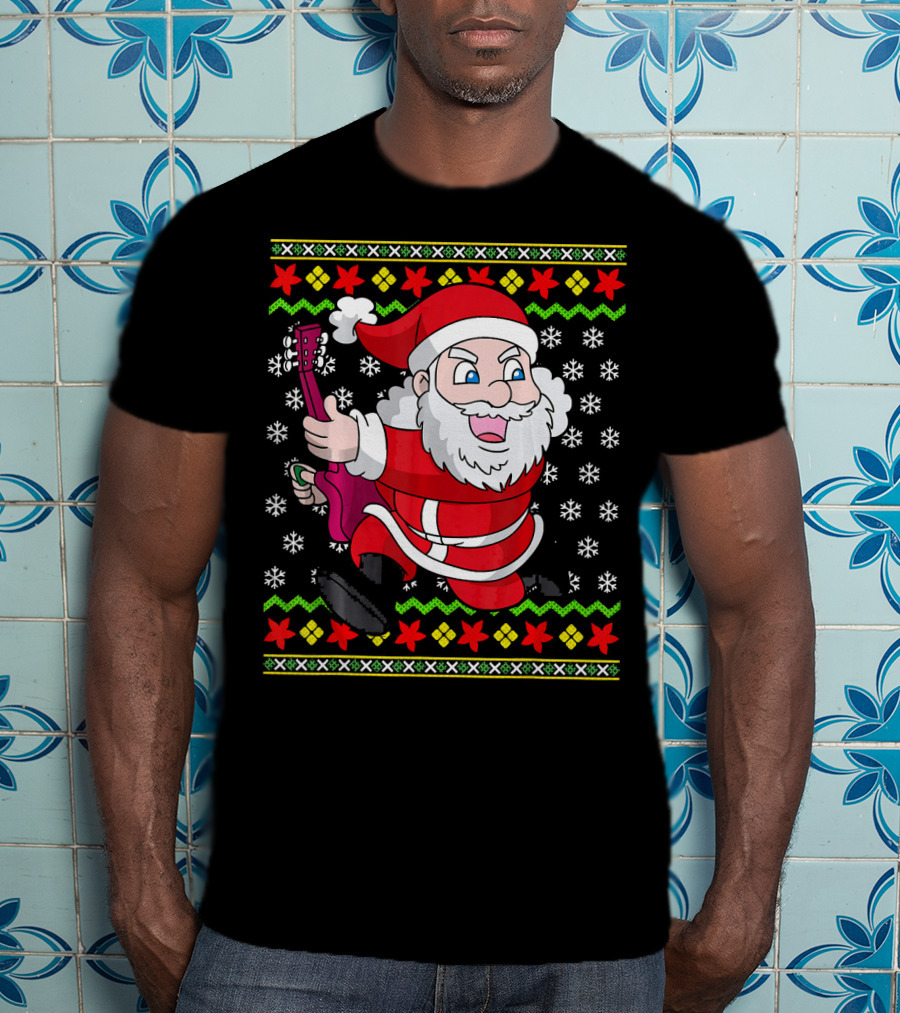 Ugly Christmas Santa Playing Guitar Festive T-Shirt