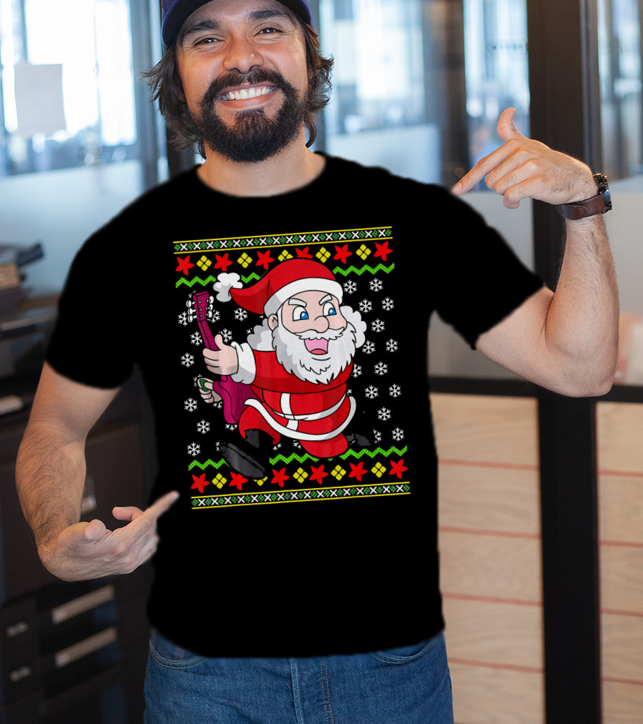 Ugly Christmas Santa Playing Guitar Festive T-Shirt
