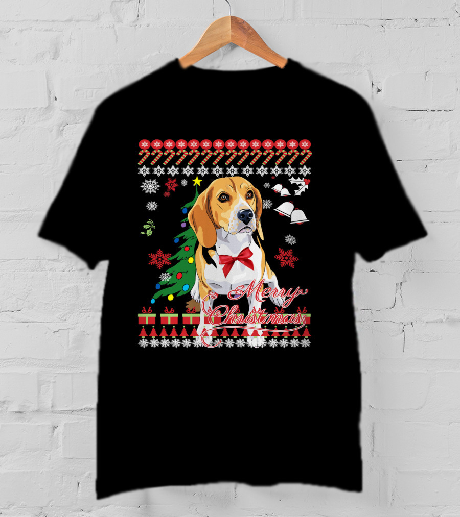 Merry Christmas Beagle With Candy Canes Snowflakes Bells And Gifts T-Shirt