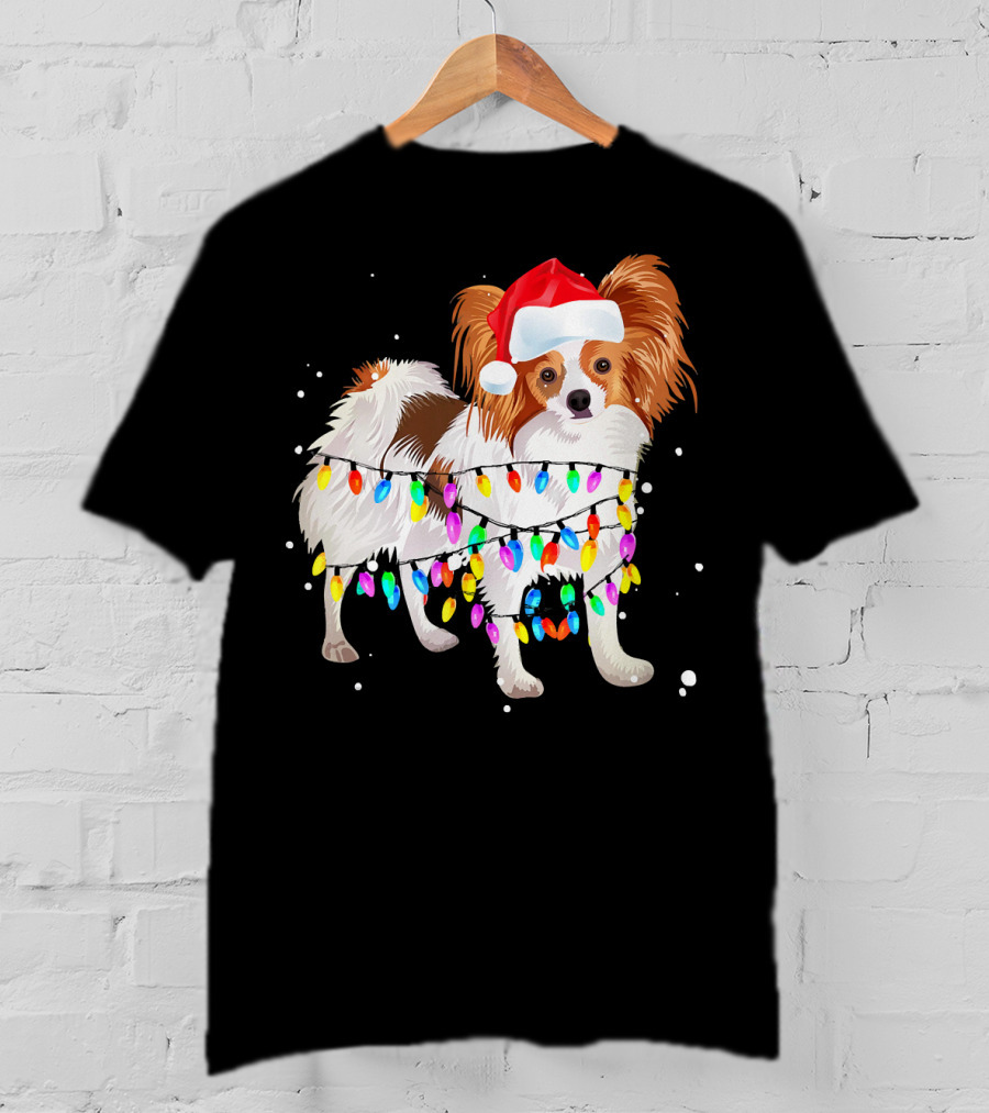 Papillon Dog Wrapped In Colorful Christmas Lights Wearing Santa Hat T-Shirt
