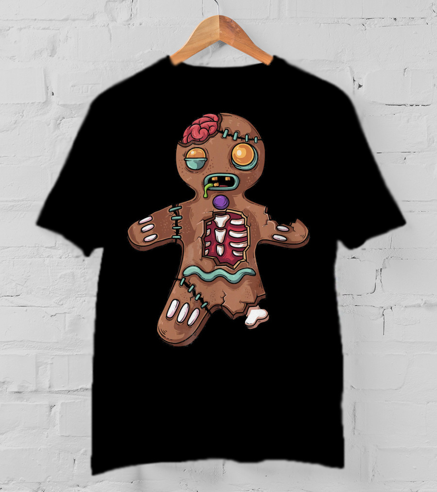Zombie Christmas Gingerbread Man With Exposed Brain And Candy Bones T-Shirt