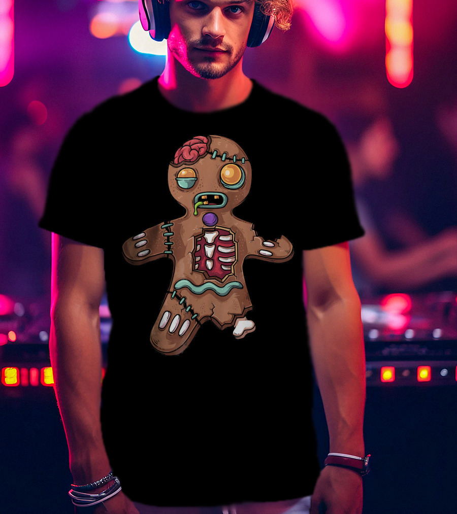 Zombie Christmas Gingerbread Man With Exposed Brain And Candy Bones T-Shirt