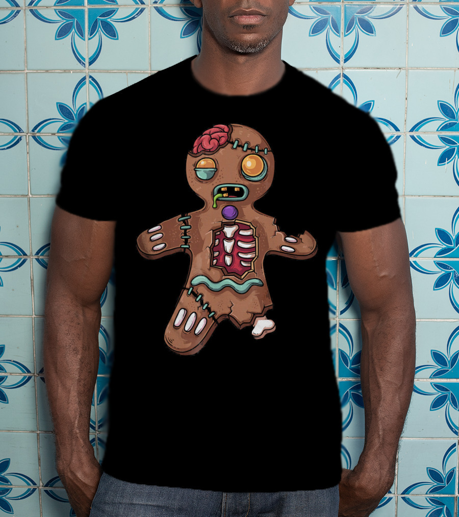 Zombie Christmas Gingerbread Man With Exposed Brain And Candy Bones T-Shirt