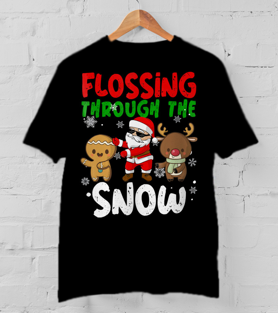 Flossing Through The Snow Santa Gingerbread Reindeer Christmas T-Shirt
