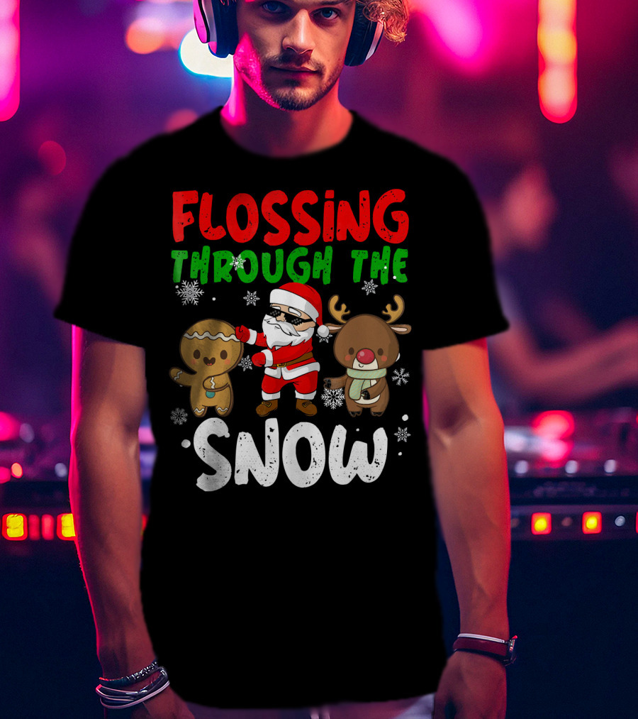 Flossing Through The Snow Santa Gingerbread Reindeer Christmas T-Shirt