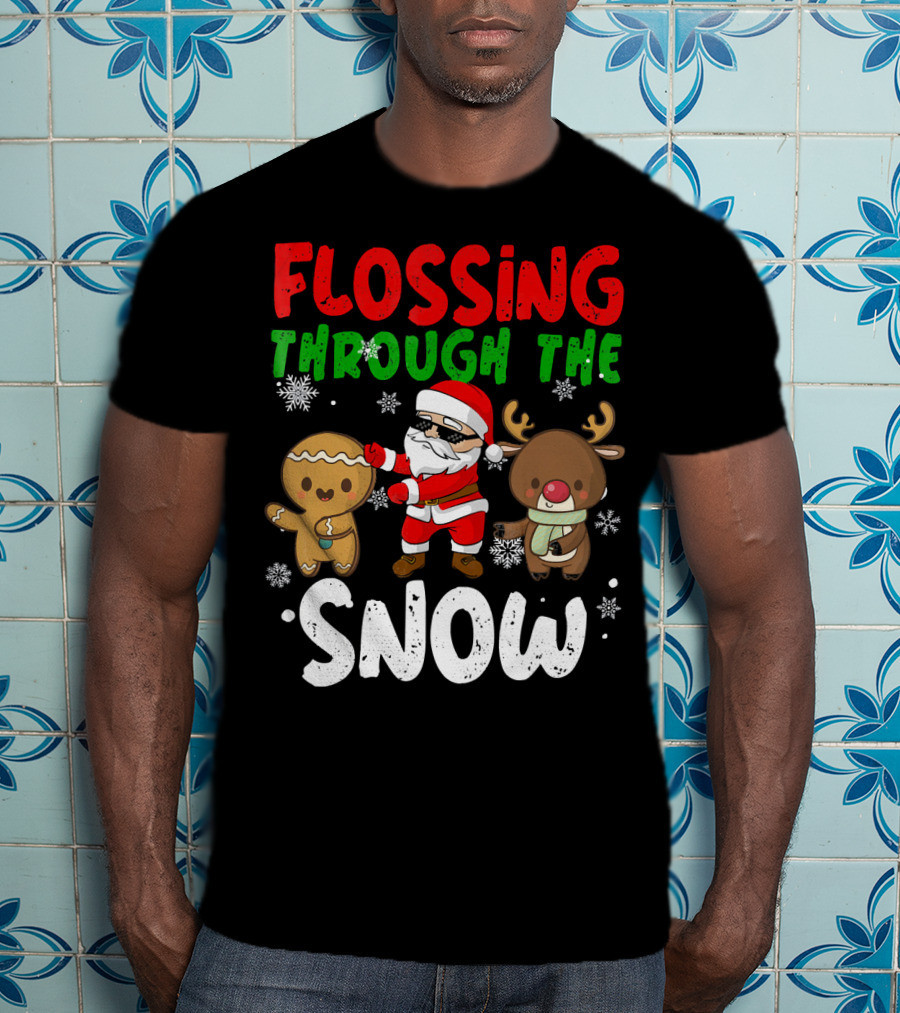 Flossing Through The Snow Santa Gingerbread Reindeer Christmas T-Shirt